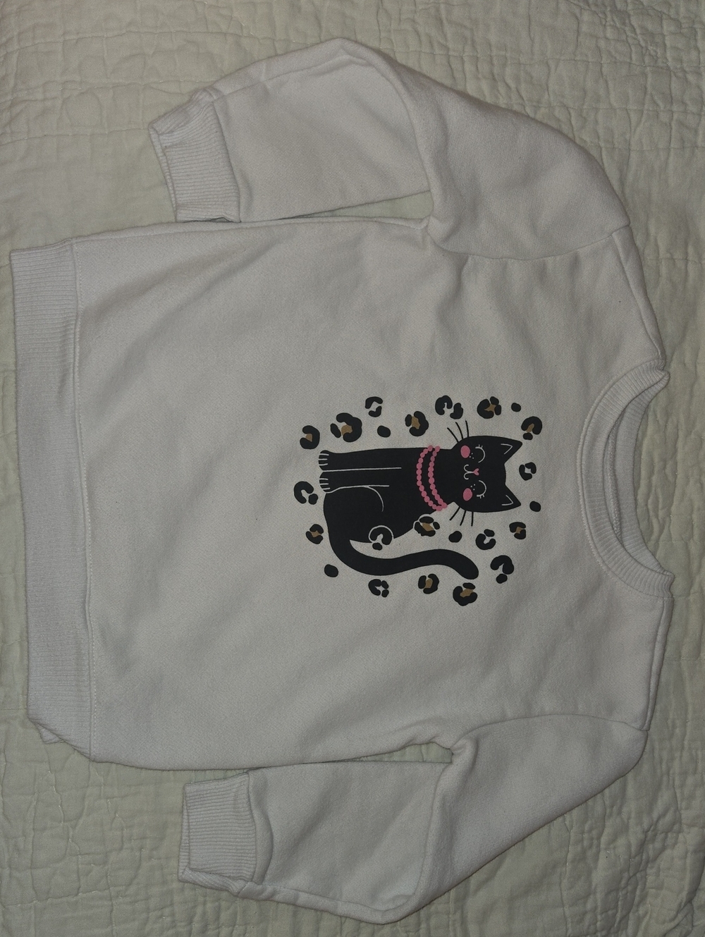 Kids White Sweatshirt with Black Cat Graphic - Cute Pink Detail